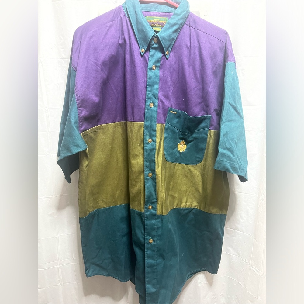 Vintage Hunting Horn Color Block Short Sleeve Button Down Shirt Size Medium